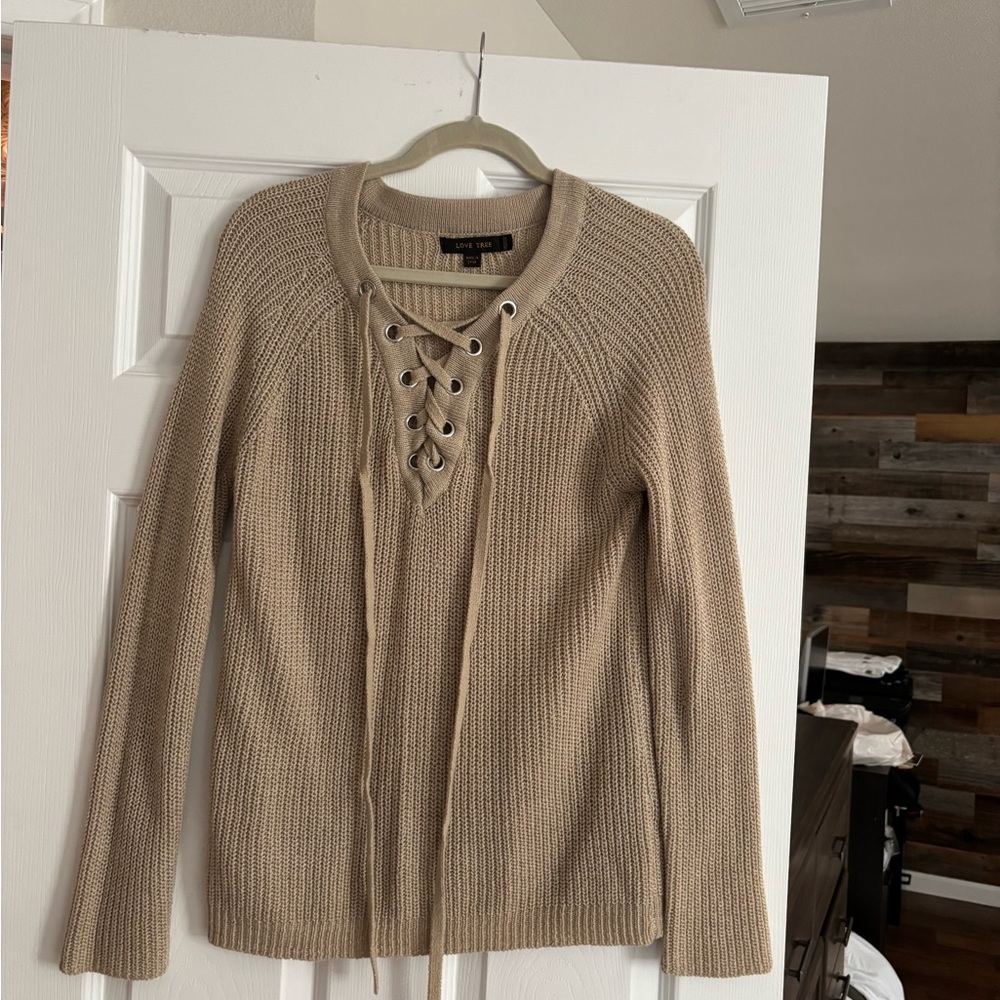 Love Tree Beige Lace-Up Sweater